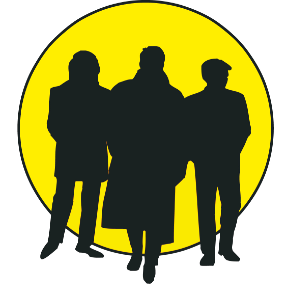 Grafisches Logo: Drei Personen im Schattenriss vor einem gelben Kreis